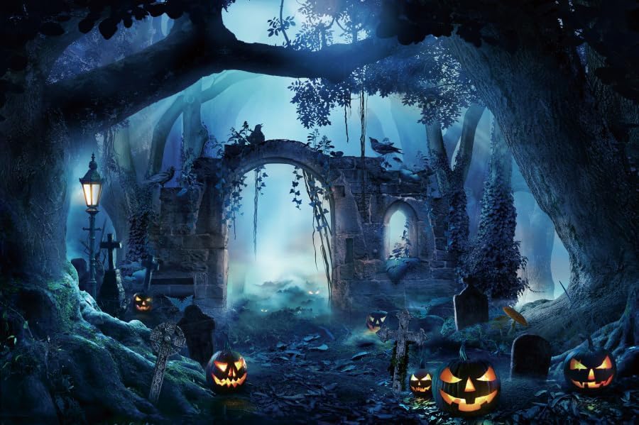 Renaiss Telón de fondo de Halloween de 7 x 5 pies, bosque oscuro, cementerio, arco de fotografía, fondo de calabaza, lápida de árbol grande,