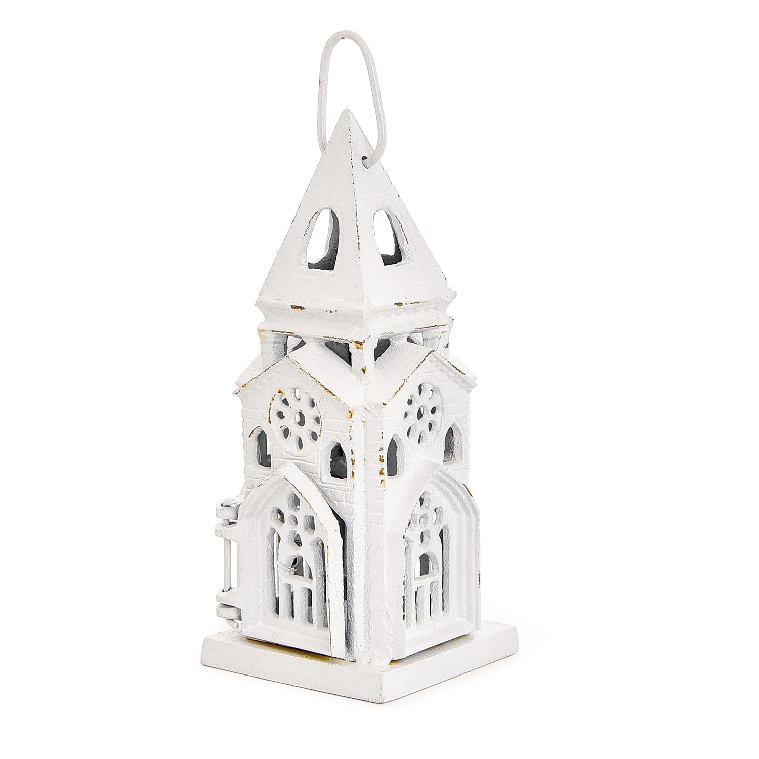 Sungmor Decorative Candle Lantern Cast Iron Tealight Candle Holder, 8.8 Inch High Rustic White Church Candle Lantern, Vintage Farmhouse Lantern Decor for Patio, Porch, Wedding, Tabletop Centerpiece