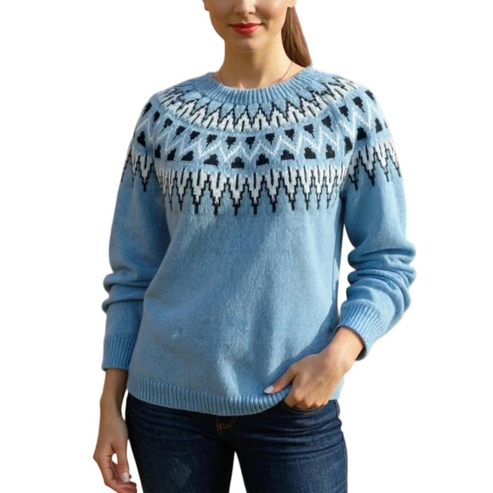 Fair Isle Sweater Women Vintage Graphic Long Sleeve Crewneck Sweater Fair Isle Knit Pullover Top S-2XL