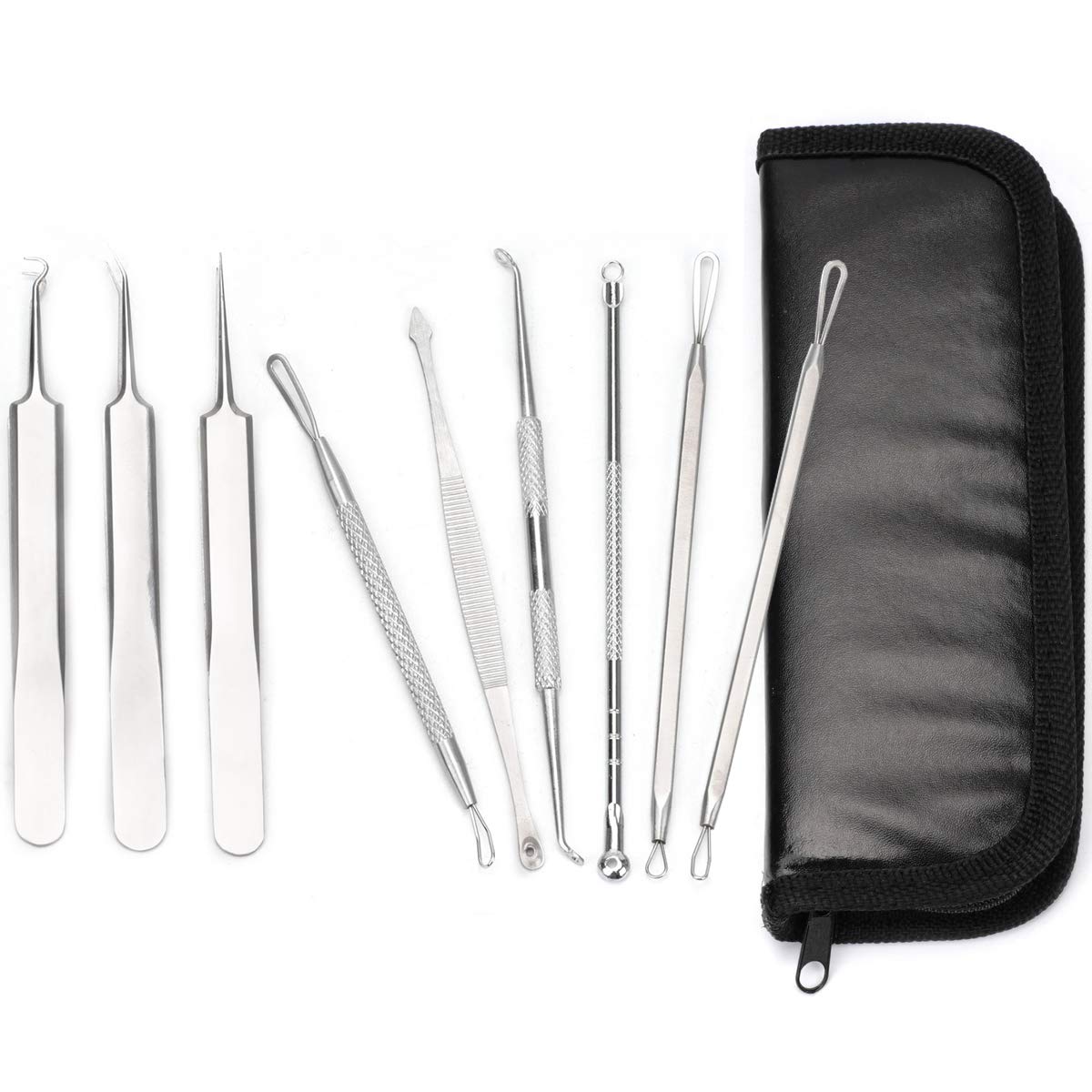 9PCS Blackhead Whitehead Pimple Spot Comedone Acne Extractor Remover Clip Tool Kit Sliver Stainless Steel with Leather Case