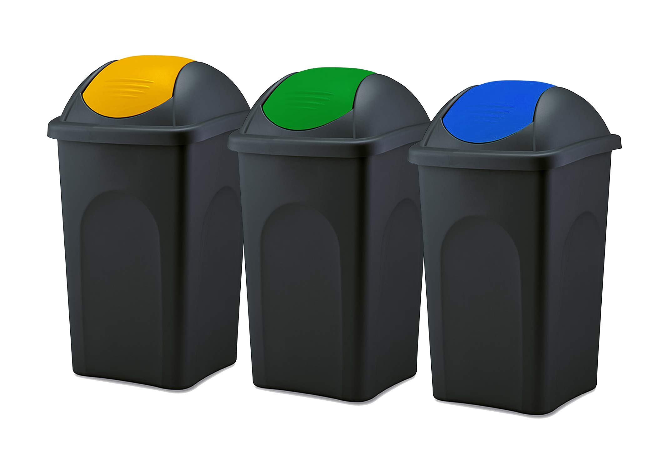 BigDean 3x Mülleimer groß 60L mit Schwingdeckel schwarz gelb, grün, blau