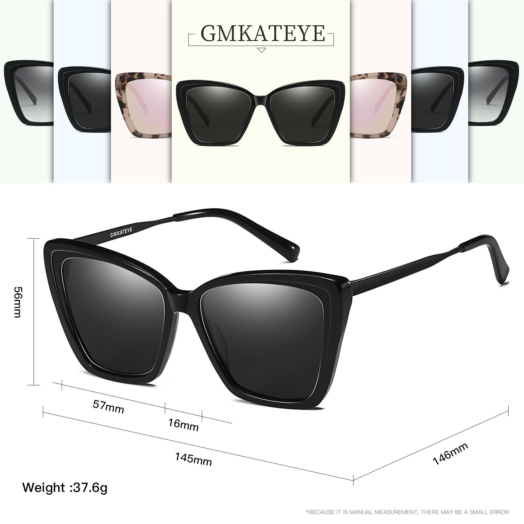 GMKATEYE Occhiali da sole da donna in stile retrò oversize con occhio di gatto, protezione UV 400, grande montatura in acetato e aste in lega di acciaio, occhiali da sole neri vintage alla moda