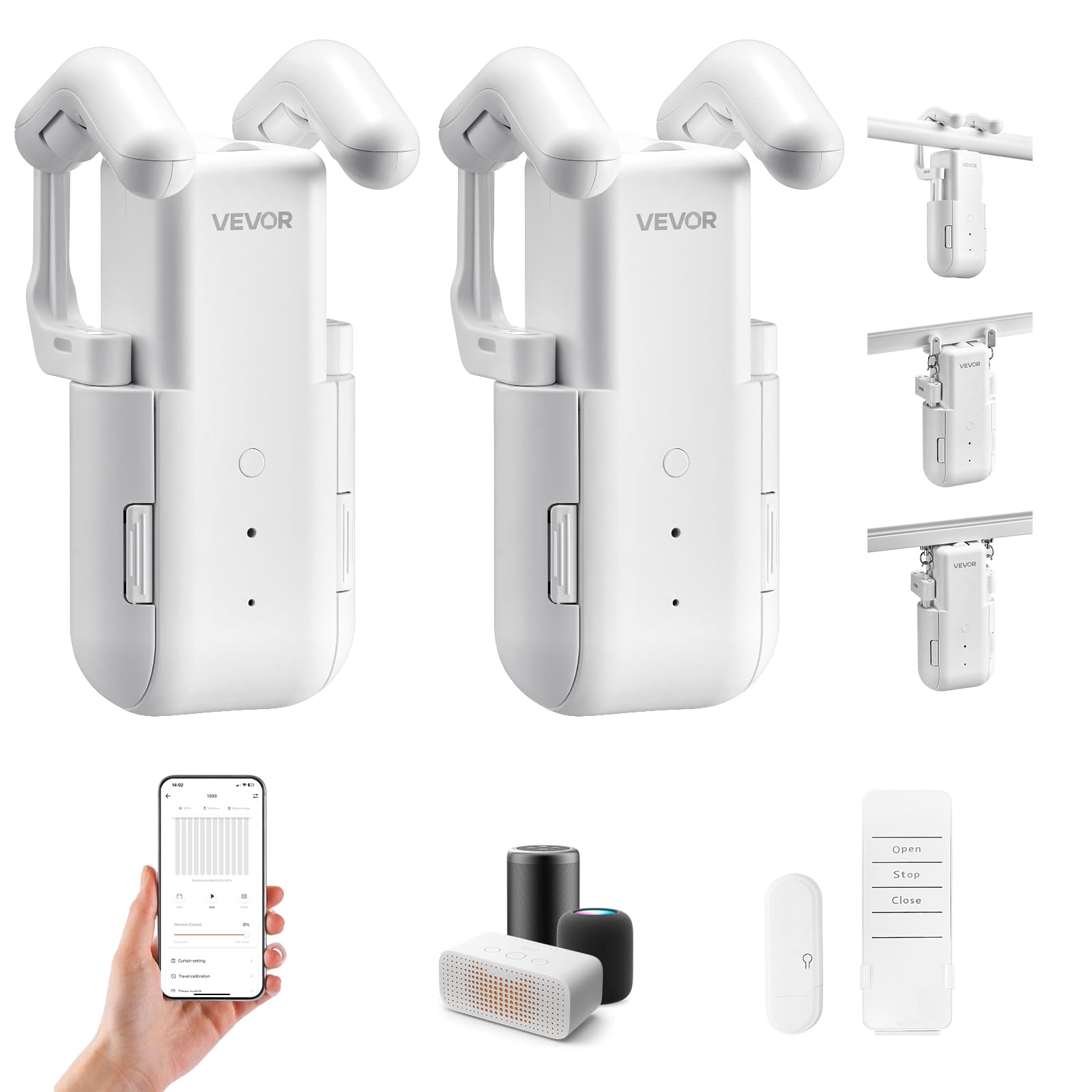 VEVOR Apri Tenda Automatico, Confezione da 2 pezzi APP Telecomando Controllo Vocale, Apri Tenda Compatibile con Alexa e Google Home, per Tende a Pacchetto con Guide a U/I
