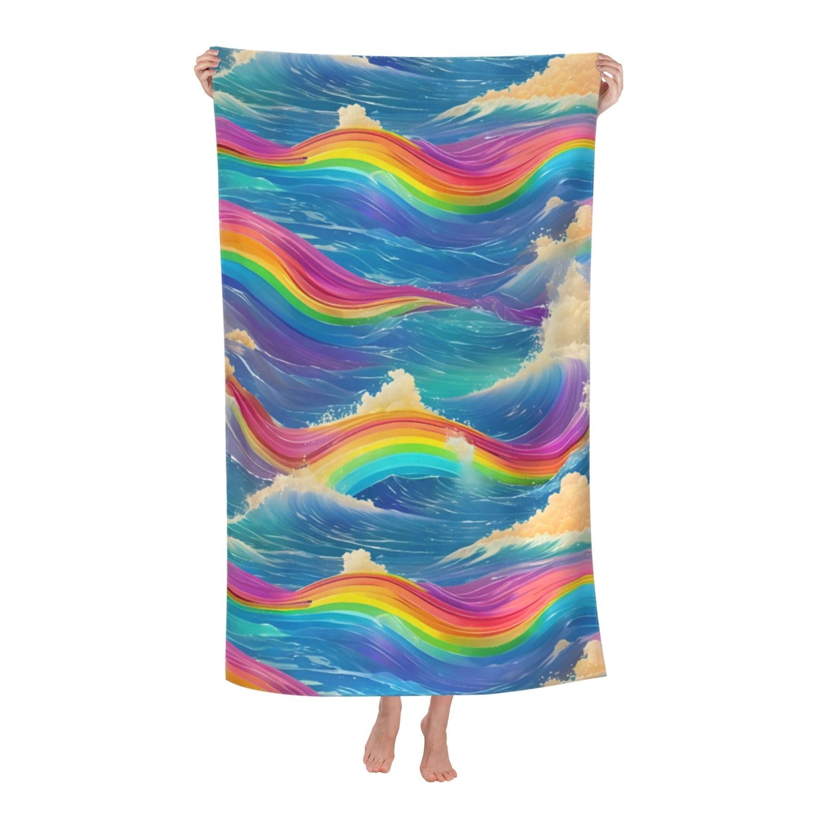 Pojknbv White Rainbow Ocean Print Oversized Adult Beach Towel Quick-Dry Comfortable Lightweight Travel Pool Camping