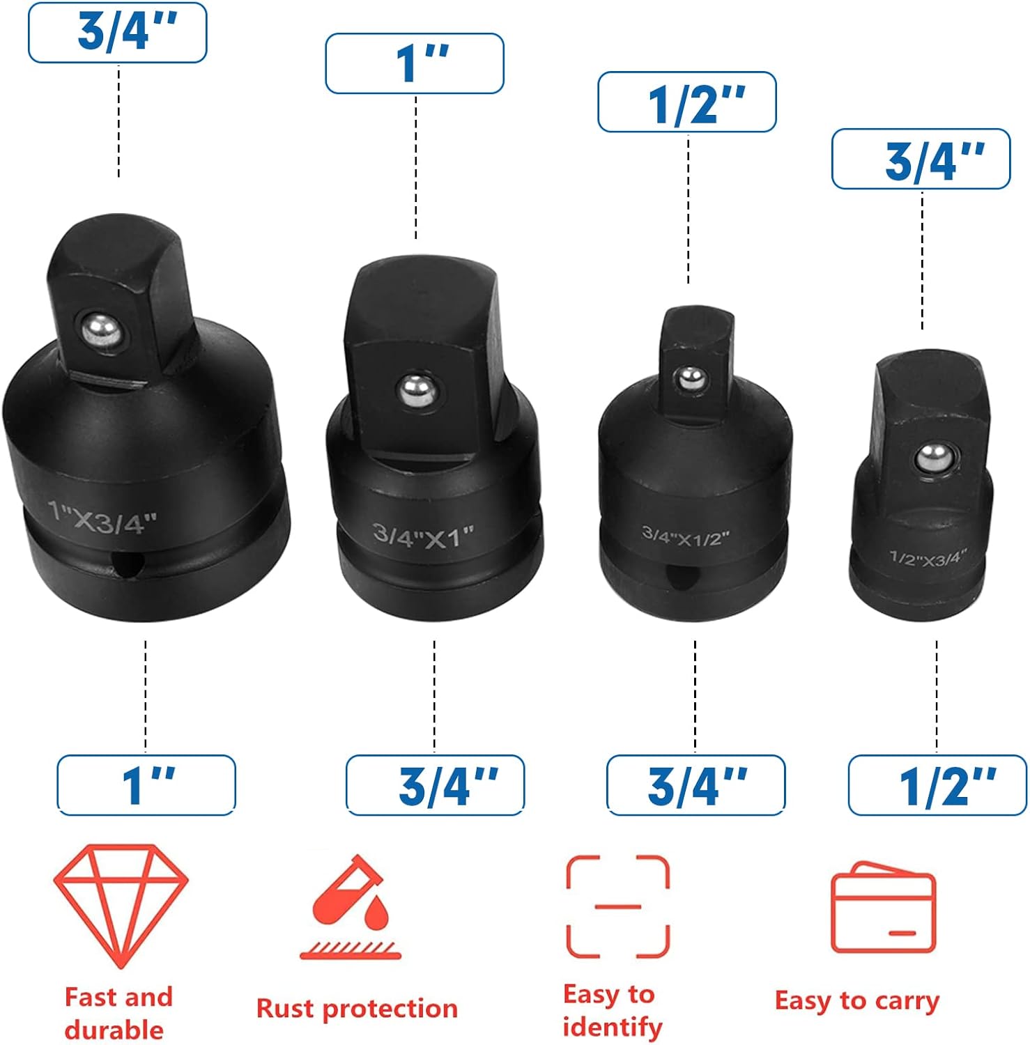 TYFYB 8pcs Impacted Impact Socket Adapter Reducer Step Up Converter Set Mechanics CRV 1/4inch 3/8inch 1/2inch 3/4inch, Red-8pcs (CY0861)