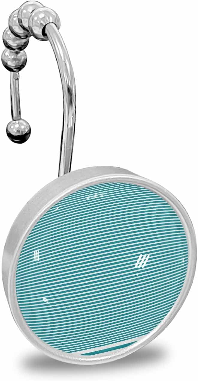 Shower Curtain Hooks 12 Pcs Stripes Abstract Teal Green Geometric Simple Stainless Steel Rust Proof Rolling Shower Curtain Rings, Decorative Shower Curtain Hooks Hangers for Bathroom