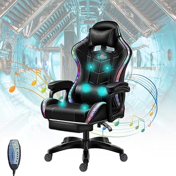 Full Massage Gaming Chairs with Footrest, LED Gamer Chair with Speakers and Lumbar Support, PU Leather Racing Swivel Rocker Office Chairs for Adults and Teens,Black