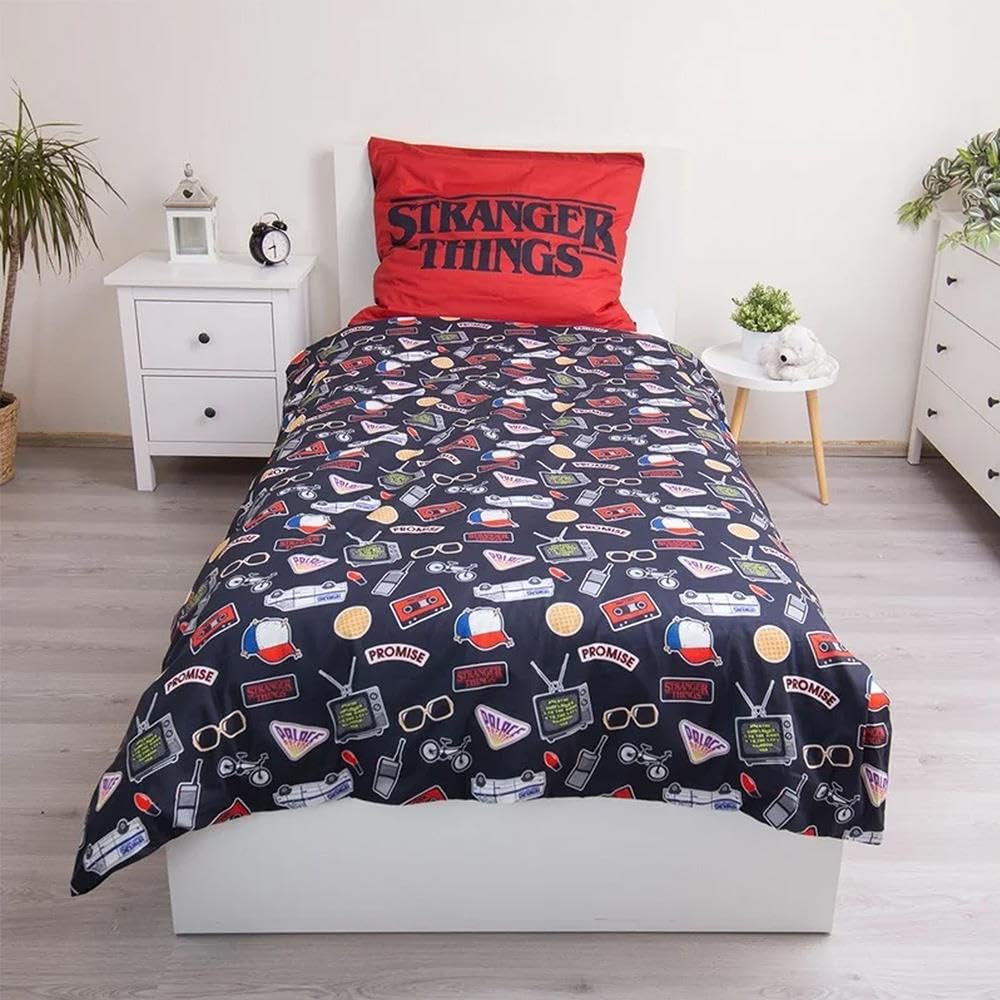 Jerry Fabrics Stranger Things - Juego de funda nórdica individual y funda de almohada con diseño de cabeza boca abajo, tamaño europeo para niños, adolescentes, fans en colores negro y rojo