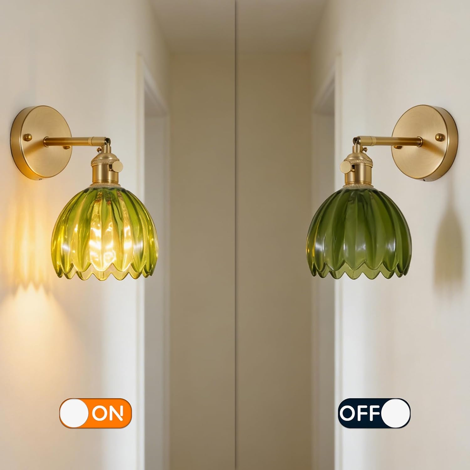 Vintage Wall Sconce, Cute Green Tulip Glass Lampshade Hardware Powered Wall Light for Bedside Bedroom Doorway Living Room, Set of 2 （E26 Bulb）