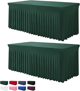 Table Skirts for Rectangle Tables 6ft - 2 Pack One-Piece Hunter Green Tablecloths and Skirt, Wrinkle Resistant Ruffles Elastic Cover for Banquets, Weddings, Events, Parties