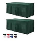BDDC Table Skirts for Rectangle Tables 6ft - 2 Pack One-Piece Hunter Green Tablecloths and Skirt, Wrinkle Resistant Ruffles Elastic Cover for Banquets, Weddings, Events, Parties