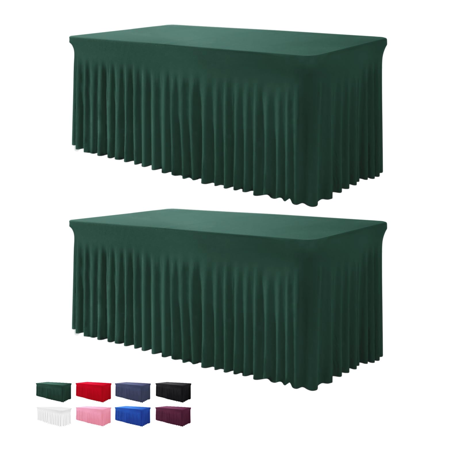 2 Pack Table Skirts for Rectangle Tables 8ft - One-Piece Hunter Green Table Covers for 8 Foot Tables, Wrinkle Resistant Ruffles Elastic Table Cover and Table Skirt for Banquets, Parties