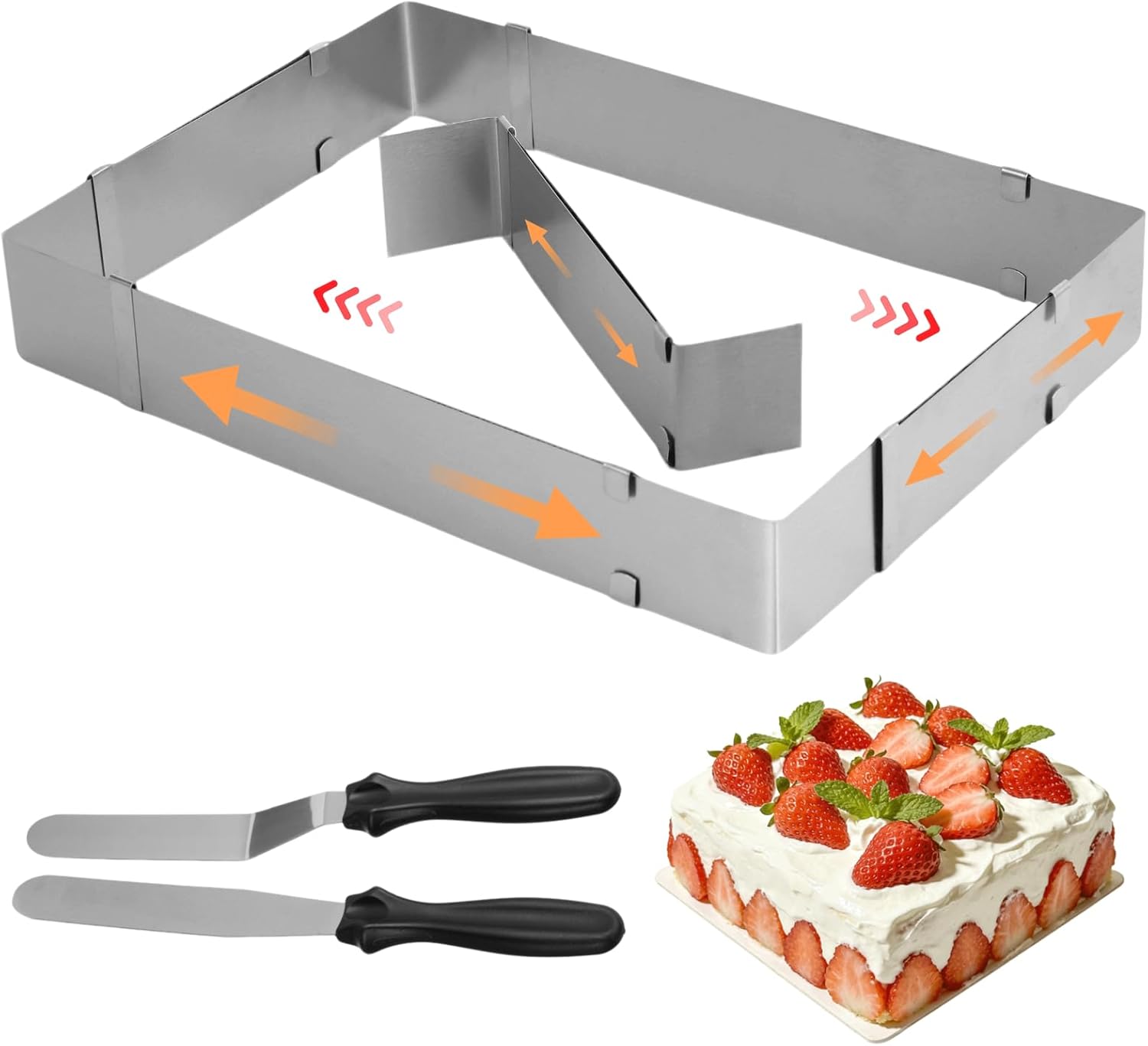 Rectangular Cake Ring, Adjustable Cake Mold with Spatulas, Square Shaped Stainless Steel Baking Mold with Divider, Expandable Mousse Ring for Tiramisu, Desserts, Chocolate