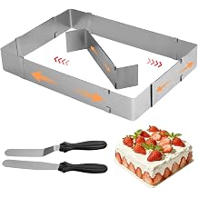 Rectangular Cake Ring, Adjustable Cake Mold with Spatulas, Square Shaped Stainless Steel Baking Mold with Divider, Expandable Mousse Ring for Tiramisu, Desserts, Chocolate