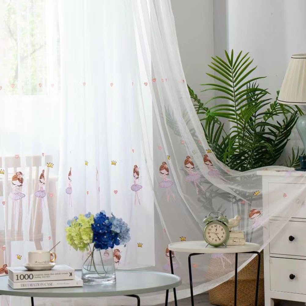 Kinderzimmer Gardinen Transparent Rosa Ballerina Mädchen Krone Herzen mit Ösen Voile Vorhang Durchsichtig Kinder Baby Ösenschal Fenstervorhang 2er Pack 140x175
