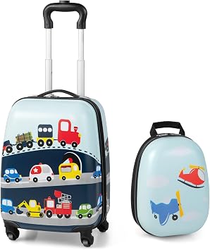 HONEY JOY Kids Luggage, 12" Toddler Backpack & 16" Travel Suitcase with Wheels, Lightweight Toddler Girls Suitcase, Durable ABS Hardshell, 2Pcs Carry On Luggage Set for Boys GirlsCar
