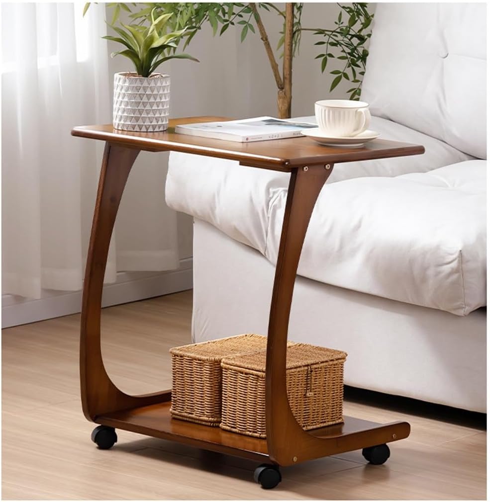 Solid Wood End Table with Rolling Wheels, C Shaped Side Table, TV Tray Table, Bed Table Rolling Tray with Storage, Couch Table That Slide Under for Small Space, Living Room, Bedroom ( Size : 70cm )