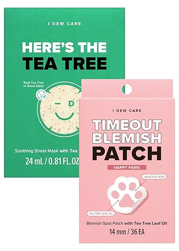 I DEW CARE Máscara de hoja de árbol de té - Here's The Tea Tree  Juego de mascarillas calmantes (10 unidades) + parche hidrocoloide para espinillas