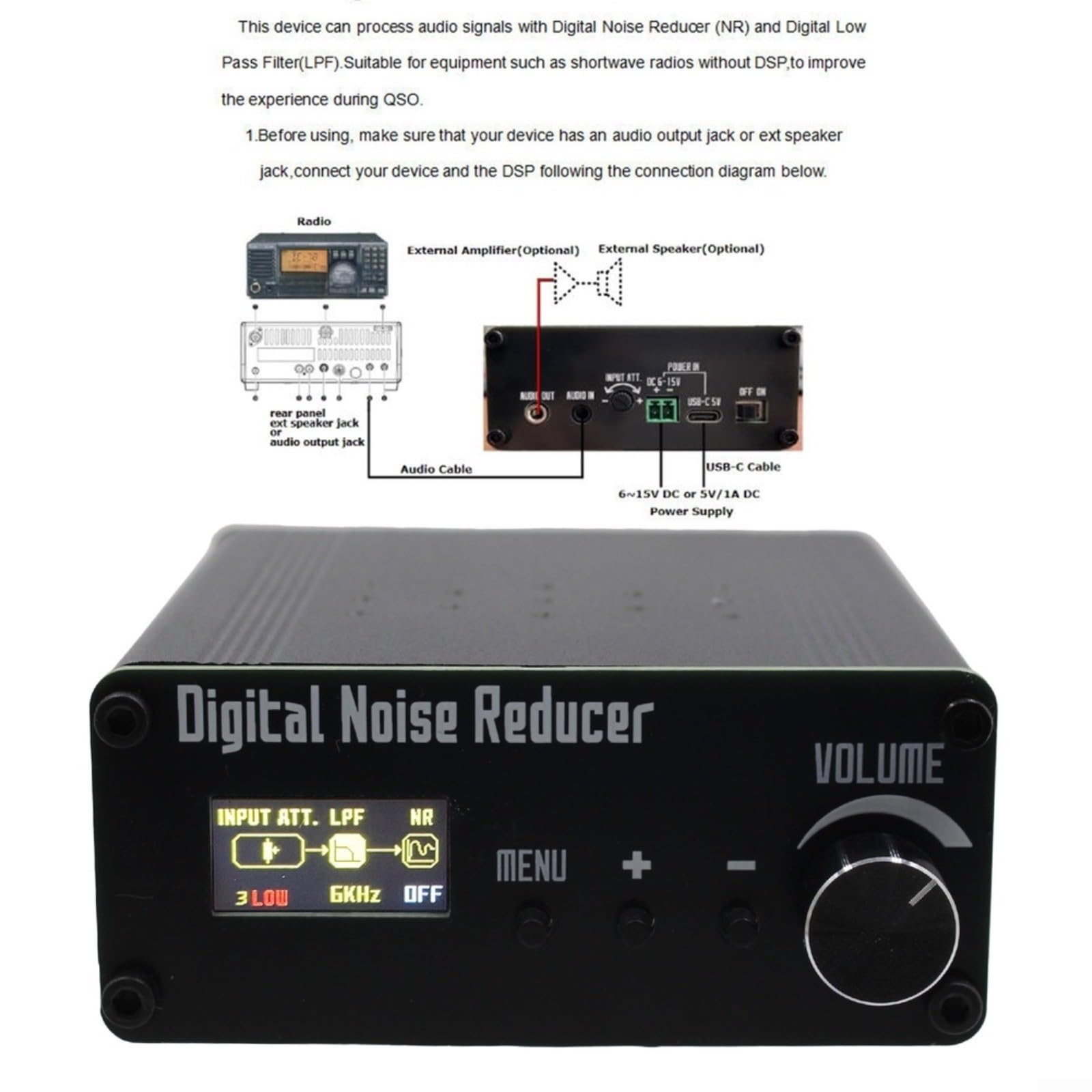 Processore di segnale audio Digital Noise Suppressor LPF Filtro da 3,5 mm Jack USB-C per radio QSO Alluminio