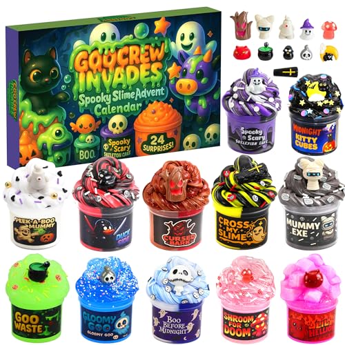 Funewest Slime Advent Calendar 2025 Teen Girls 24 Days of Halloween Countdown Kit with Cute Monster Slime Collectible GooCrew Slime Kit for Kids