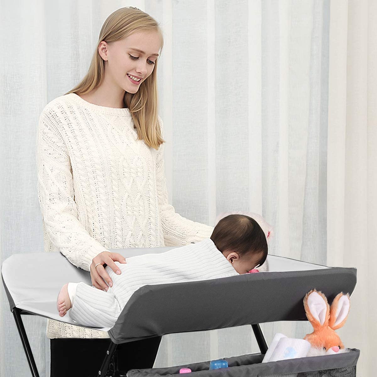 Cambiador plegable para bebé recién nacidos, mesa de cambio de pañales, cambiador con bañera para bebé 2 en 1, cambiador portátil (79 * 55,5 * 96cm-blanco roto)