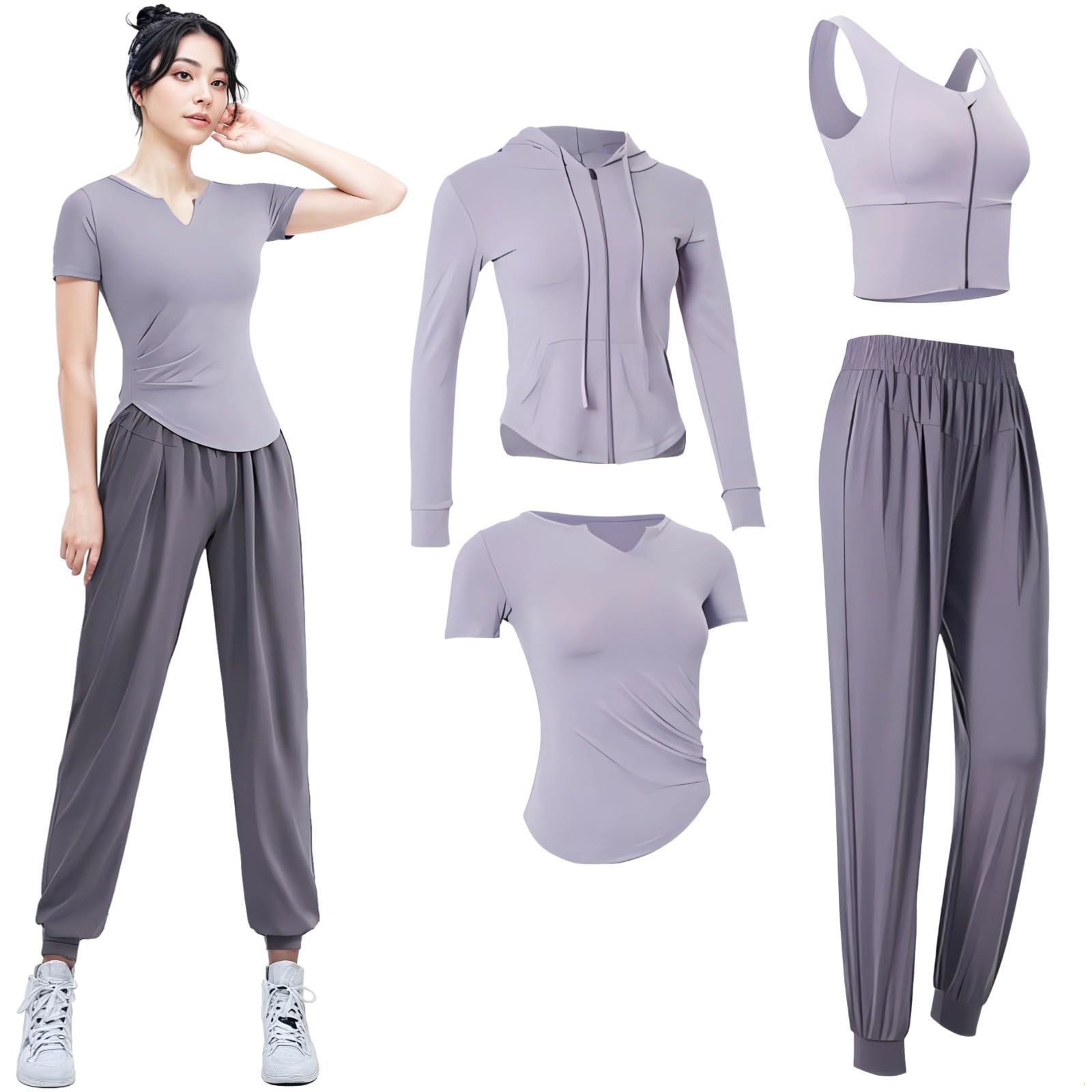 Conjunto de entrenamiento de 4 piezas para mujer que absorbe el sudor, manga larga, tela transpirable, incluye brasier, pantalones, chaqueta y pantalones cortos