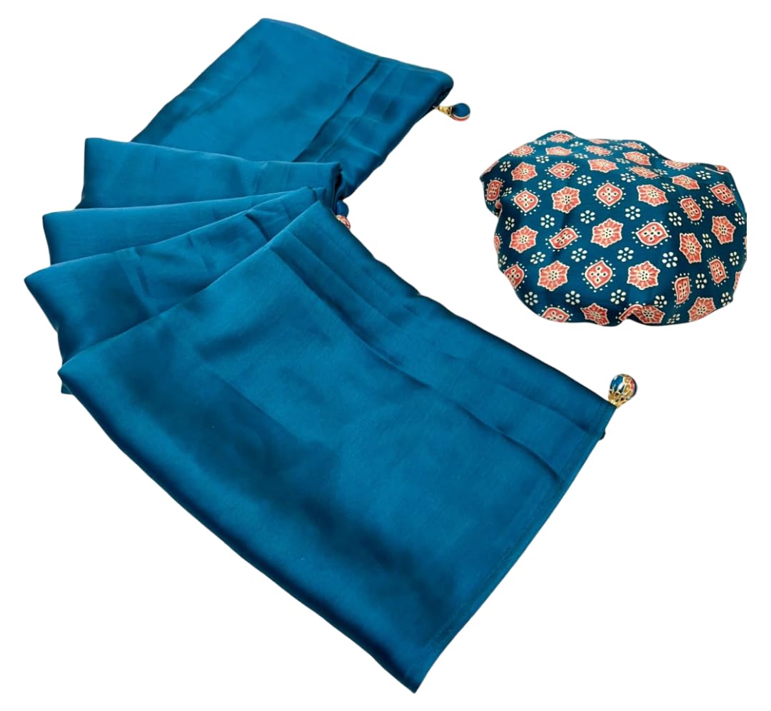 DC ELEMENTS Ajrakh Print Semi Modal Saree for Women Printed Traditional Ethnic Sari with Unstitched Blouse Piece (Blue)