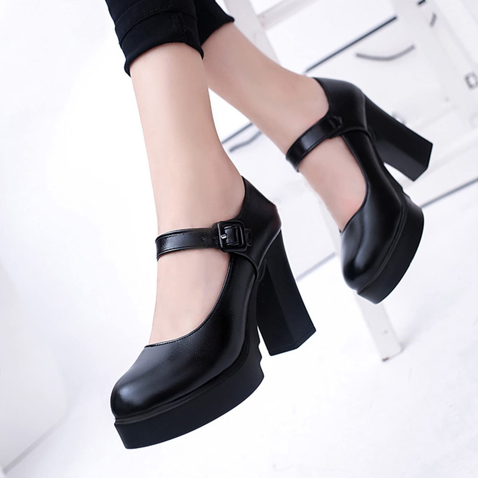 Mary Jane Chaussures à talon bloc pour femme Escarpins avec lanières élégantes talons hauts Bout rond Chaussures hautes Chaussures à boucle Escarpins à lanières en cuir verni Chaussures de mariée