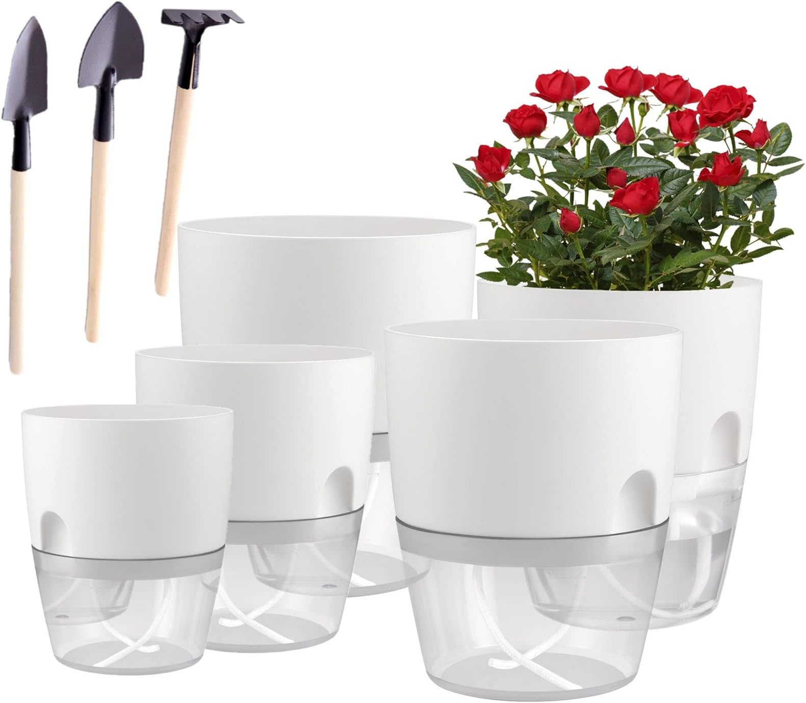 Plant and Flower Pot Set, 5 Pack 6/4.1/3.2 Inch Self Watering Pots for Indoor Plants Wicking Pots, Modern Decorative Planter Pot for House Plants, Aloe, Herbs, African Violets, Succulents