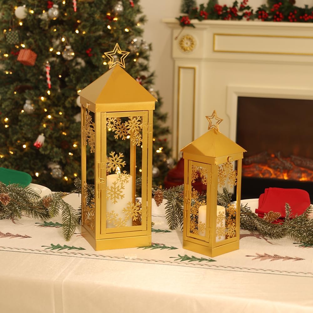 NEEDOMO Weihnachtsdekoration für Zuhause, dekorative Weihnachtslaterne, Innen- und Außenbereich, Metall-Kerzenhalter zum Aufhängen, mit Weihnachts-Schneeflocken, Sternen und LED-Kerze für