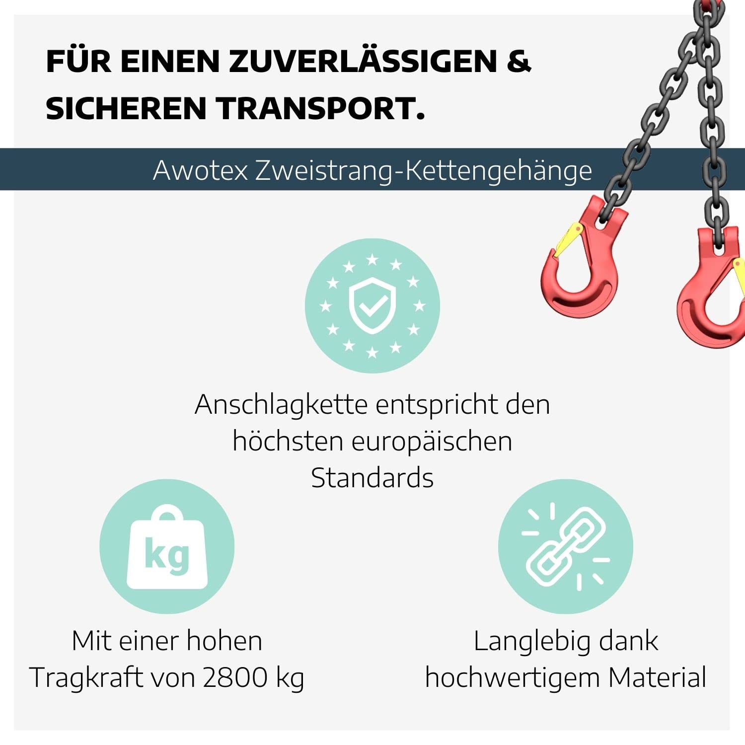 Zweistrang-Kettengehänge 8 mm GK 8 I 3 m Lange Anschlagkette für die Baustelle I Bagger-Zubehör I Traglast 2800kg (0°-45°) & 2000kg (45°-60°) nach EN818-4 I Kettengehänge 2-Strang