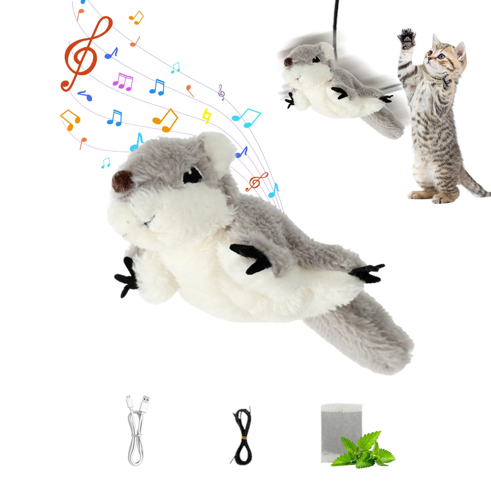 Shunfaji Interactive Cat Toy, Plush Cat Bird Toy, Real Beating and Twittering Like a Bird, Rechargeable, with Catnip (Flying Squirrel) โ image 1