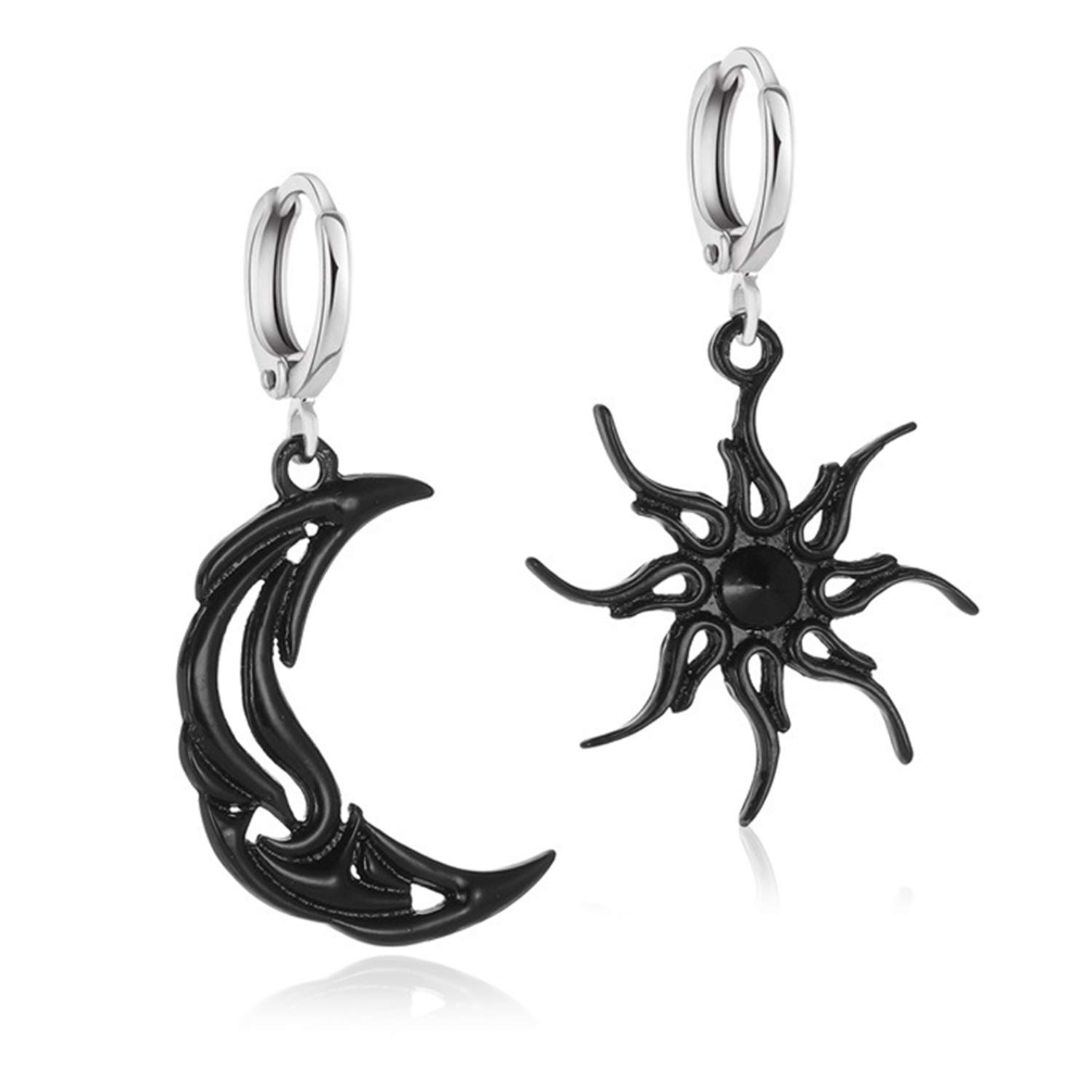 ANDPAI Unique Chic Abstract Hollow 14k Gold Asymmetry Moon Star Sun Dangle Drop Earrings Black Moon Hypoallergenic Huggie Hoop Earrings for Women