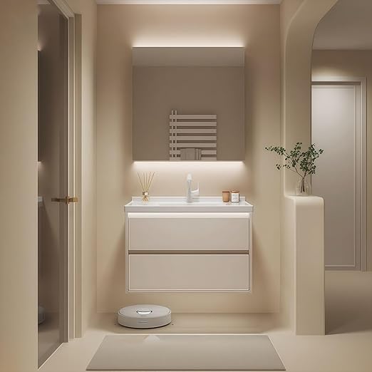 Modern Wall Mounted Floating Bathroom Vanity with Integrated Ceramic Sink, No Assembly Required, Hanging LED Intelligent Lighted Sensor and Demisting Mirror, Cabinet Spaces