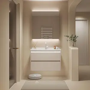 Modern Wall Mounted Floating Bathroom Vanity with Integrated Ceramic Sink, No Assembly Required, Hanging LED Intelligent Lighted Sensor and Demisting Mirror, Cabinet Spaces
