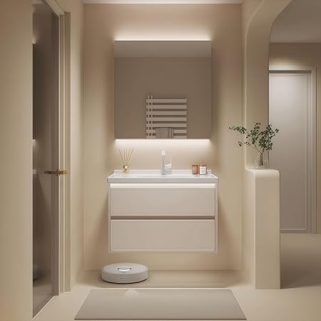 Modern Wall Mounted Floating Bathroom Vanity with Integrated Ceramic Sink, No Assembly Required, Hanging LED Intelligent Lighted Sensor and Demisting Mirror, Cabinet Spaces