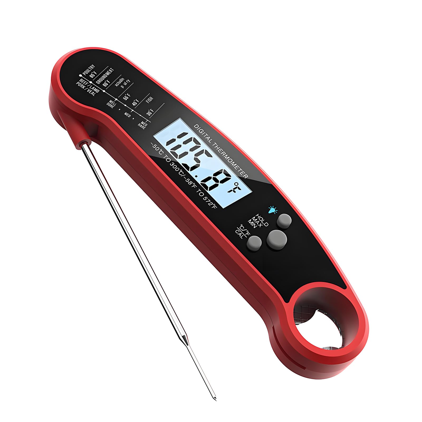 Ausenzup Food Thermometer, Instant Read Waterproof Electrical Meat Thermometer Probe, Folding Design for Quick Temperature Measurement, Perfect for Grilling, Cooking, Baking, and Candy Making(Red)