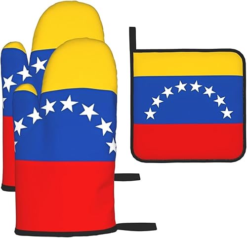 Flag of Venezuela - Juego de 3 guantes de horno y soportes para ollas, guantes de cocina antideslizantes para cocinar, hornear y asar a la parrilla