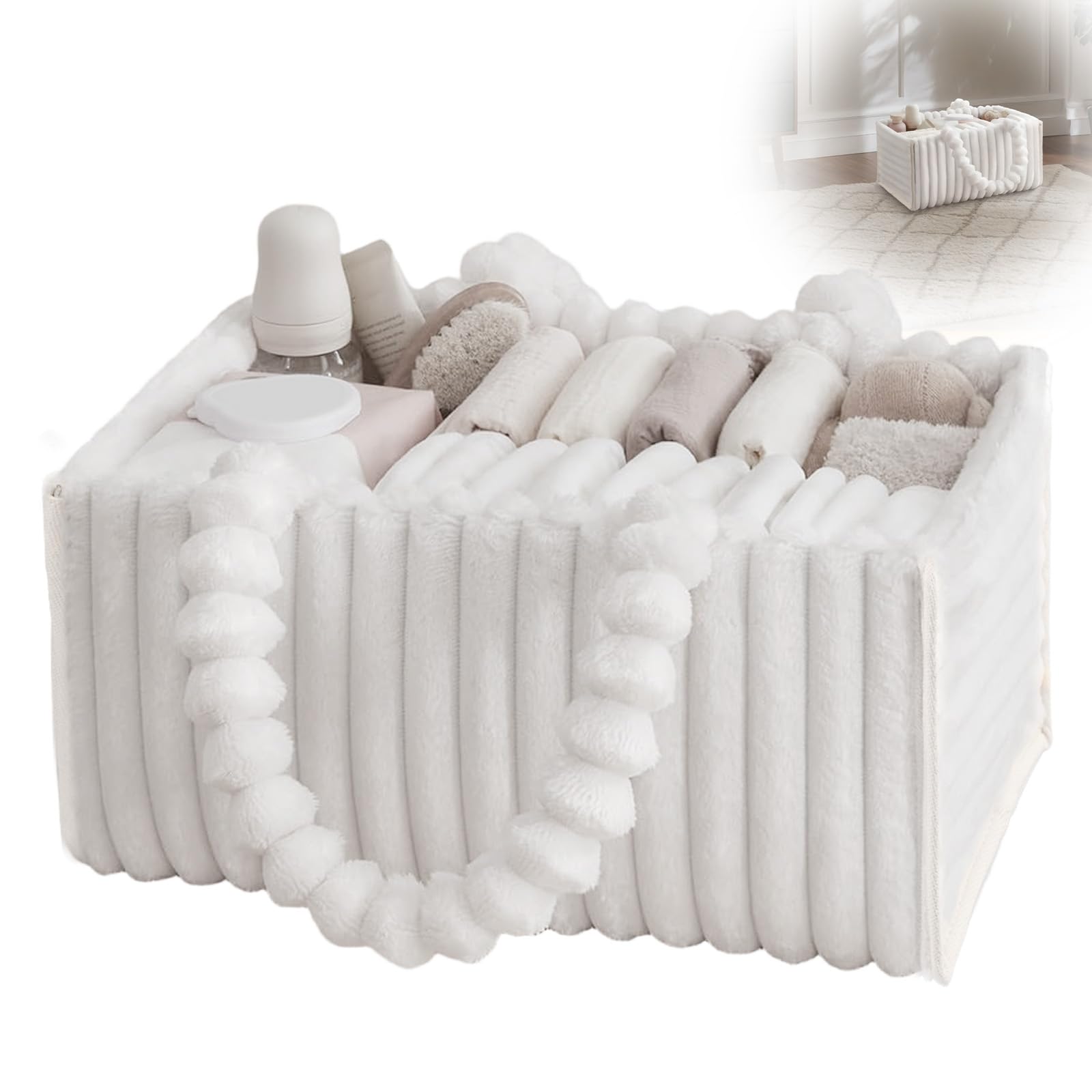 Diaper Caddy Organizer with Removable Dividers, Portable Large Capacity Travel Bag, Soft Plush Fabric, Multifunctional Babies Nappy Storage Basket Newborn Essentials for Boys Girls(White)