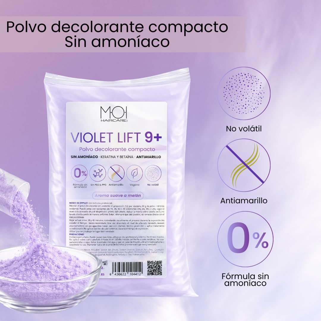 Polvo Decolorante Profesional Violeta 9 tonos de aclarado | Fórmula SIN AMONÍACO | DUST FREE | Antiamarillo | Protege la fibra capilar gracias a la Keratina y Betaína | Olor a Melón. 500g MOI HAIRCARE — view 2