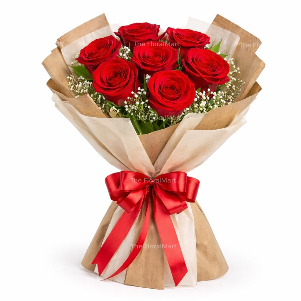 The FloralMart Fresh Flowers Bouquet of 08 Red Roses in Stylish Paper Wrapping with Seasonal Fillers, for Birthday Gift, Anniversary Gift, Wedding Gift, Valentines Day Gift, (Same Day Delivery)-image-32