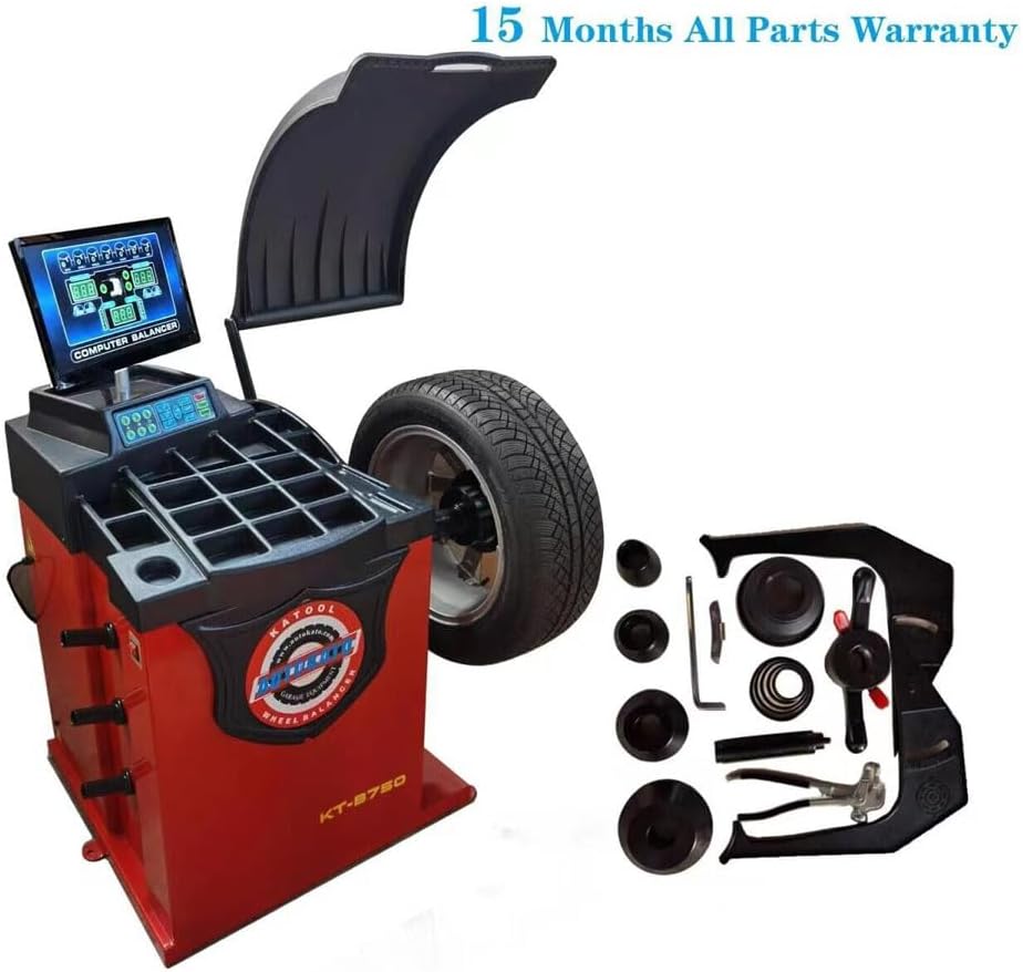 KATOOL KT-B750 Automatic Wheel Balancer with various accessories laid out