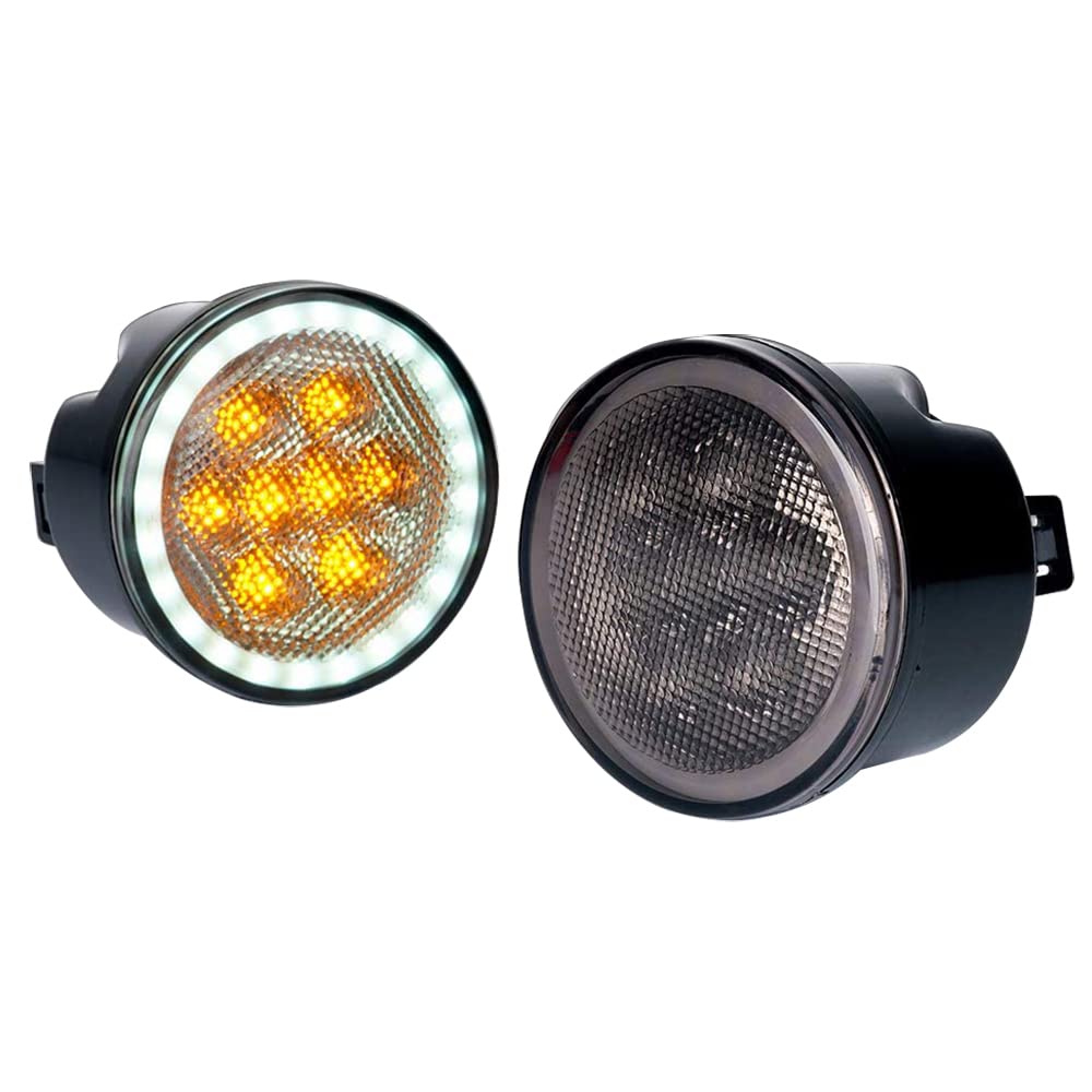 Riloer LED Amber White Turn Signal Lamp, 1 Pair Front Center Grille Light, Compatible with Jeep Wrangler Jku Jk 2007-2018, Smoke Lens & Ring DRL
