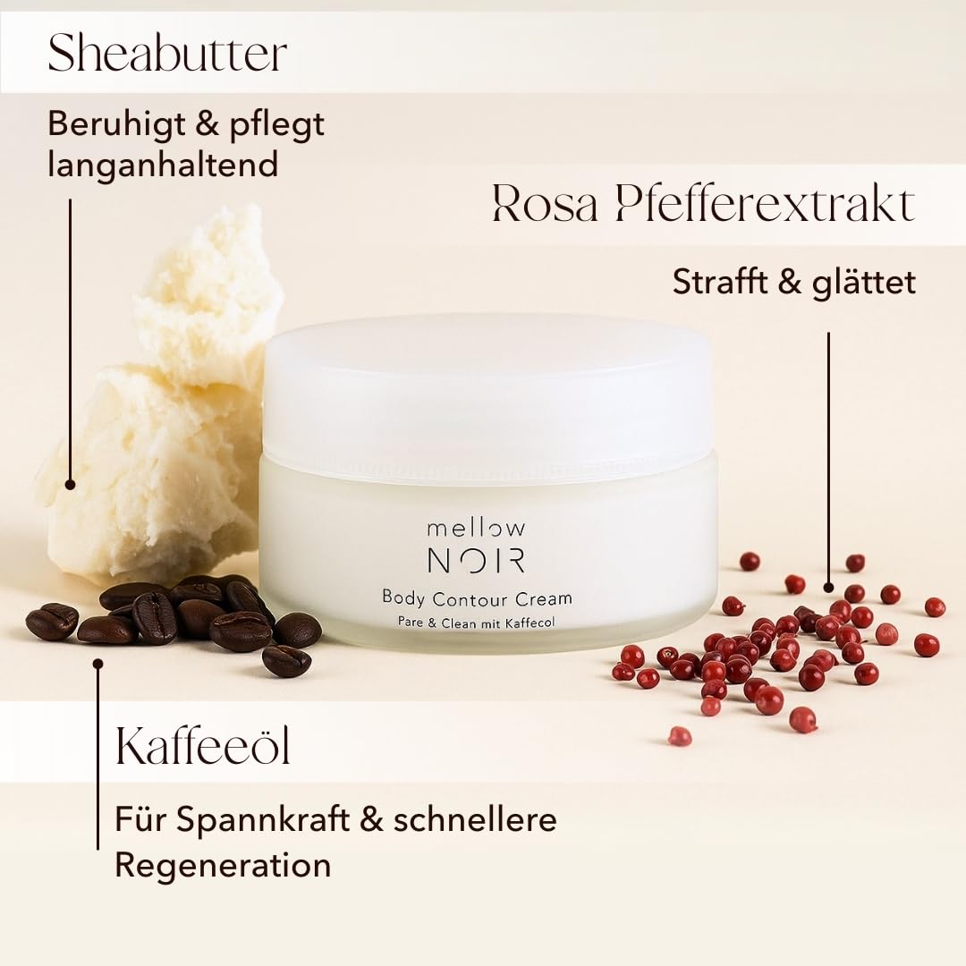 mellow NOIR Body Contour Cream 200 ml – przeciwko cellulitowi i zwiotczałej skórze – zapewnia mocne kontury brzucha, nóg i ramion – szybko się wchłania bez natłuszczania – naturalny kosmetyk