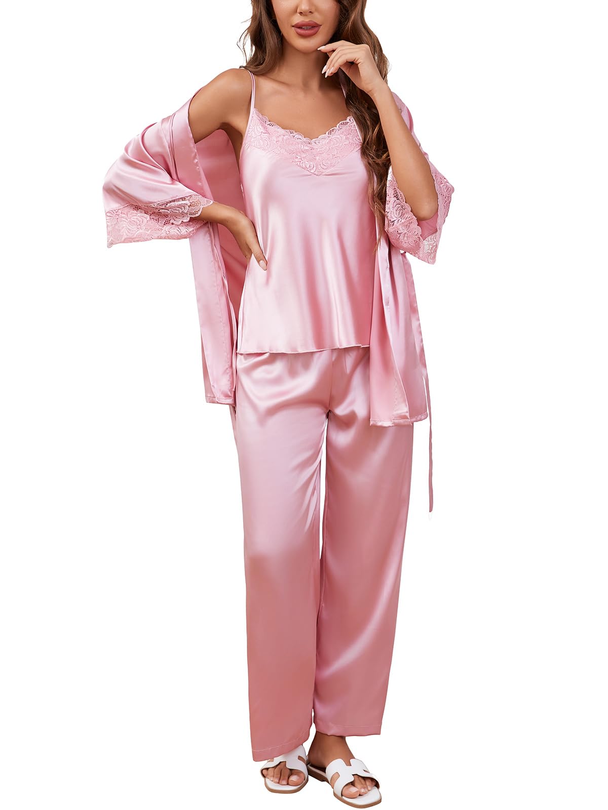 Women's Silk Pajama Set 3 Piece with Satin Robe , Cami Top and Long Pants