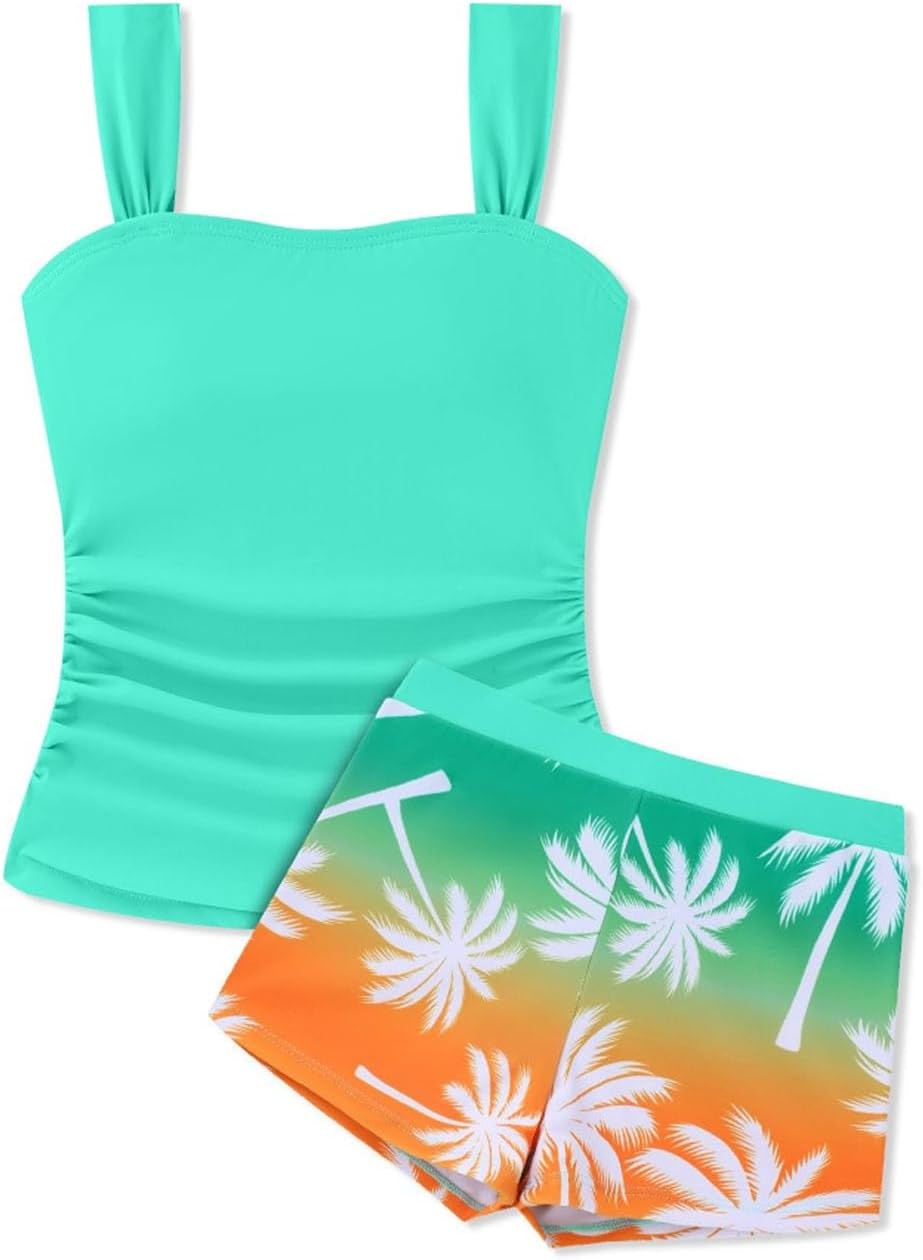 Girls Tankini Swimsuit Solid Ruched Side Square Neck Sleeveless Top with Tropical Printed Shorts 2 Piece Bathing Suit