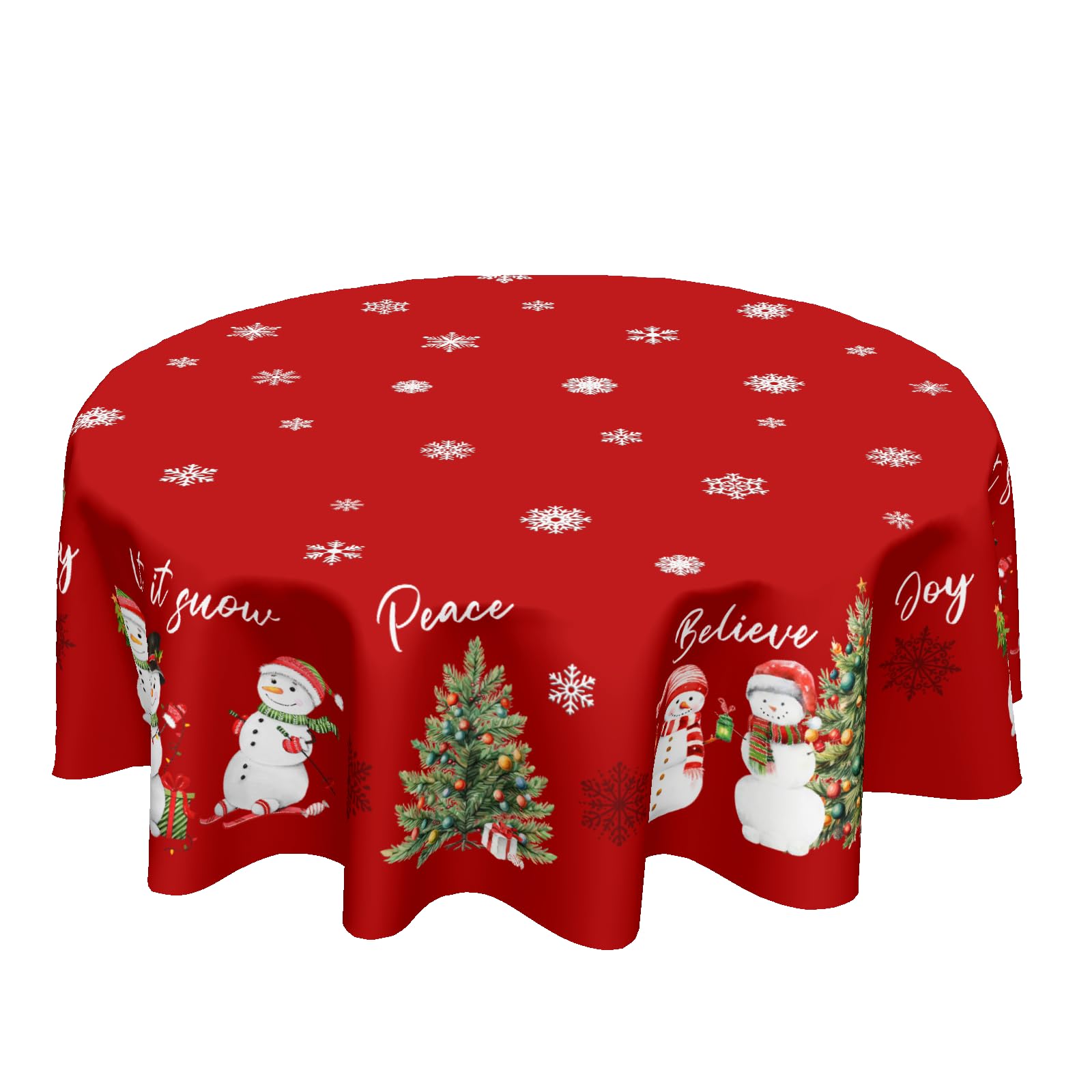 Christmas Snowflake Round Tablecloth 60 Inch Winter Holiday Snowman Christmas Tree Table Cloth Red Xmas Farmhouse Polyester Table Cover for Kitchen