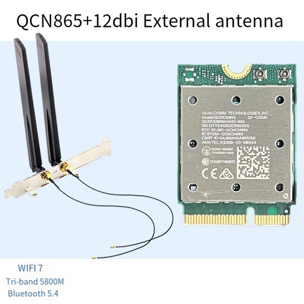 Carte WiFi7 QCNCM865 sans Tri Band WiFi7 QCNCM865 2,4 Gbit/S Bluetooth 5.4 Adaptateur Réseau sans 2,4G/5G/6Ghz pour Win11 pour 802.11be M.2 NGFF WLAN Carte WiFi Uniquement pour Win11