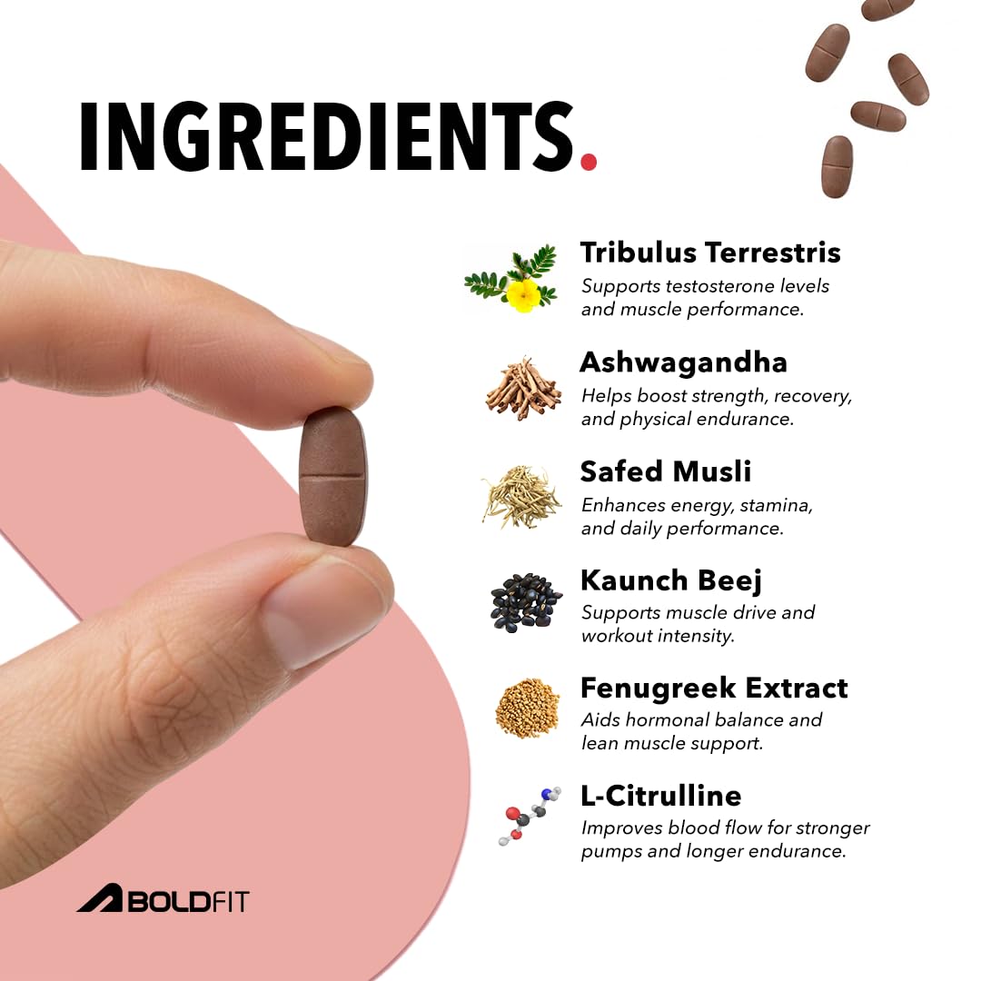 Boldfit Testosterone Booster Supplement for Men with Ashwagandha, Ginseng, Kaunch Beej & Tribulus Terrestris Testo booster for Energy, Strength, Muscle Growth, Stamina & Performance Pre & Post Workout Supplement- 60 Testo Tablet 2