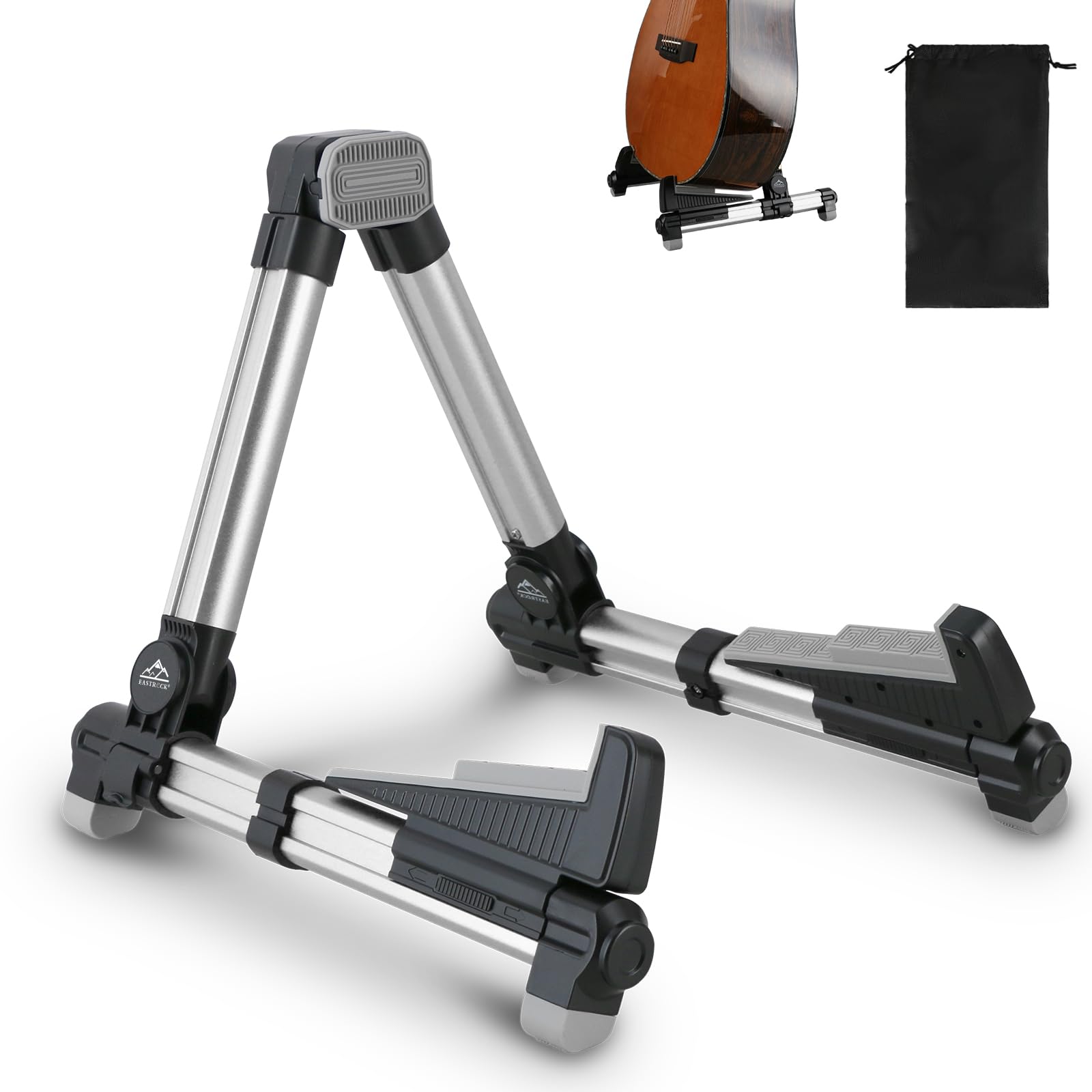 EASTROCK Folding Guitar Stand,Portable Tripod A Frame Aluminium Music Stand for Acoustic Electric Guitars, Bass, Violin, Ukulele, Banjo ( Silver)